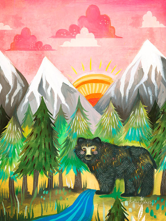 «Sunrise Bear» par Katie Daisy, reproduction d'art sur toile, H 24 po x l 18 po