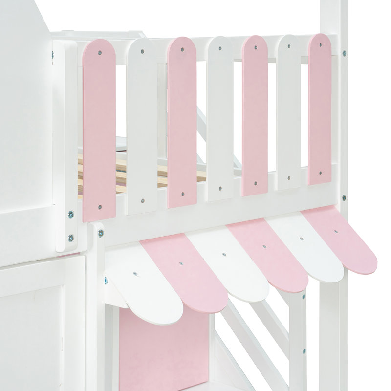 Quincy House Bunk Bed with Storage Staircase, Shelves & Playhouse Roof, White/Pink