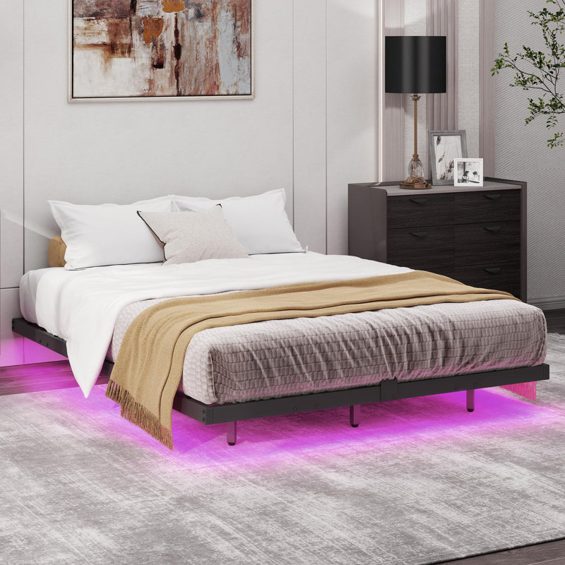 Floating Metal Bed Frame with LED Lights and Charging Station, Queen