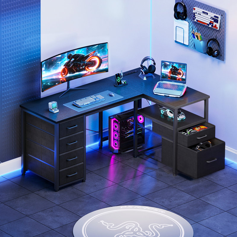 L-shaped Desk With 5-tier Under-desk Drawers,reversible Desk With Large Cabinet, Writing Desk With Power Outlets, Home Office Desk  With Cpu Stand