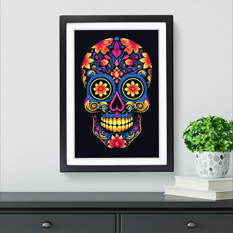 Sugar Skull Minimalism No.2 - Single Picture Frame Print on Wood, 64cm H x 46cm W x 2cm D, Black