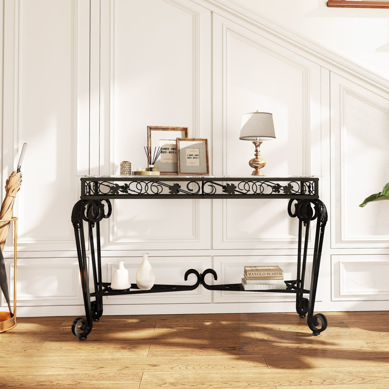 Console avec rangement et plateau en verre, Noir