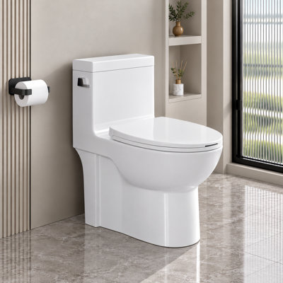 ABRUZZO One-Piece Elongated Toilet 1.28 GPF Soft Close Toilet with 17" ADA Comfort Height, Vortex Flush, Quick Release Seat, Standard 12” Rough-In, Glossy White
