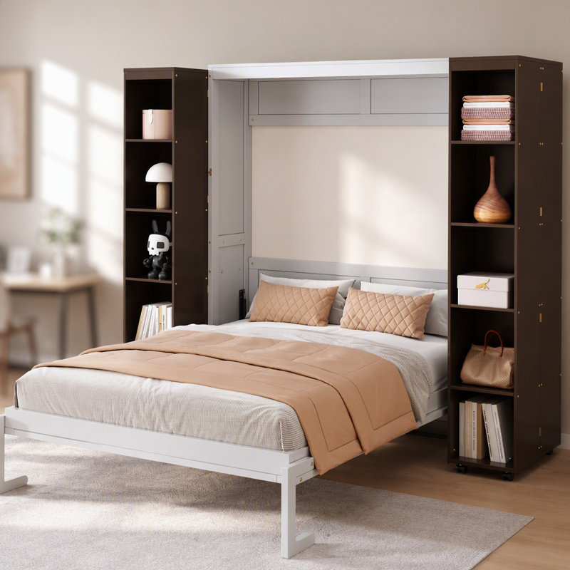 Grand lit escamotable mural avec portes de rangement, blanc, Blanc