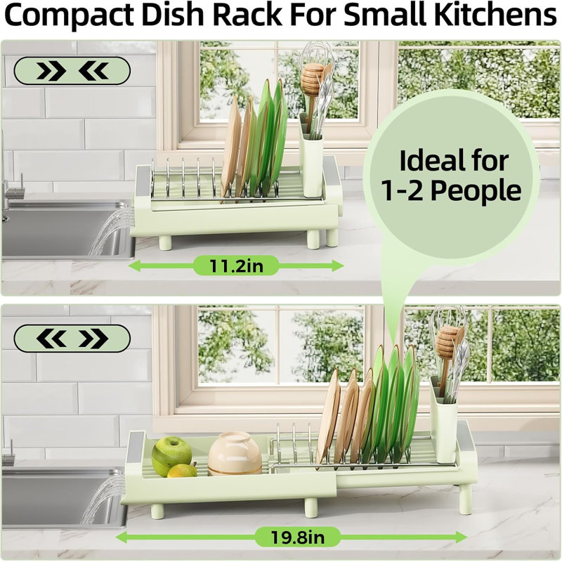 Égouttoir à vaisselle extensible et peu encombrant, mini égouttoir gris-vert pour comptoir, format compact adapté à l'évier ou au comptoir, en acier inoxydable
