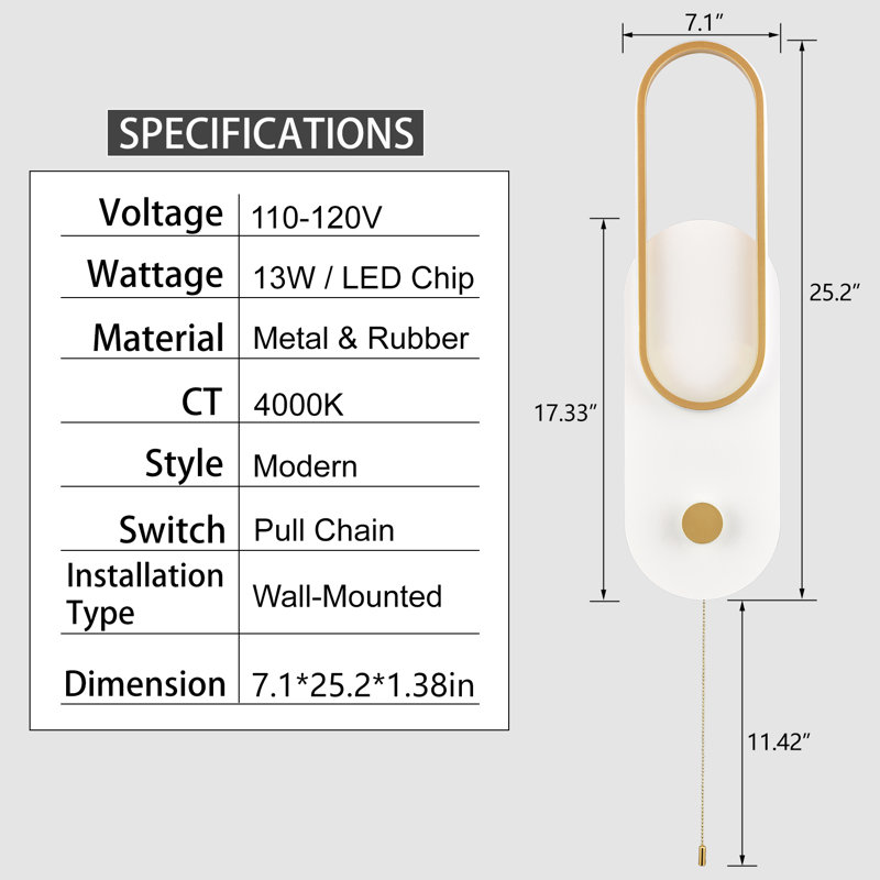 White LED Wall Sconce with Pull Chain Switch