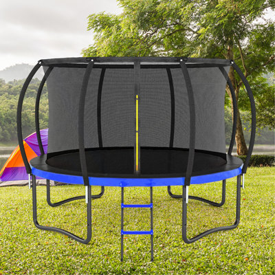 Grand trampoline d'extérieur 12 pi avec filet de sécurité intérieur, échelle, rembourrage en PVC pour enfants, couleur noir et bleu