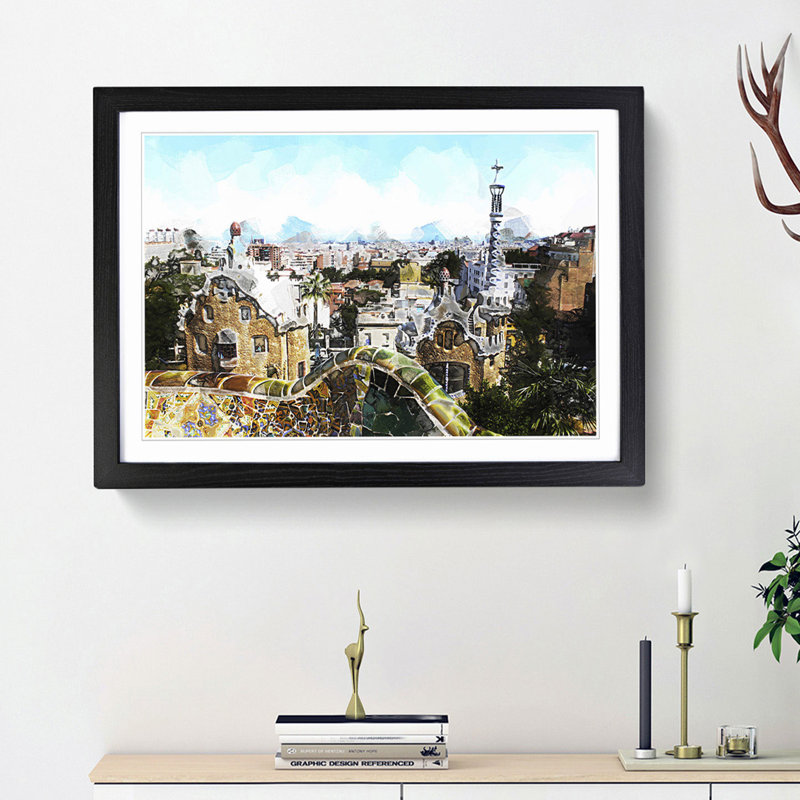 Parc Guell Gaudi in Barcelona Spain in Abstract - Picture Frame Graphic Art Print, 27cm H x 36cm W x 2cm D, Black Framed
