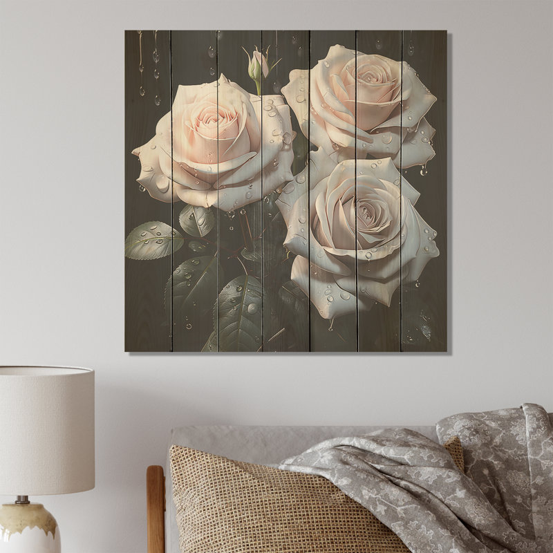 White And Green Classic Rose Resonance - Roses On Wood Print, 15" H x 15" W