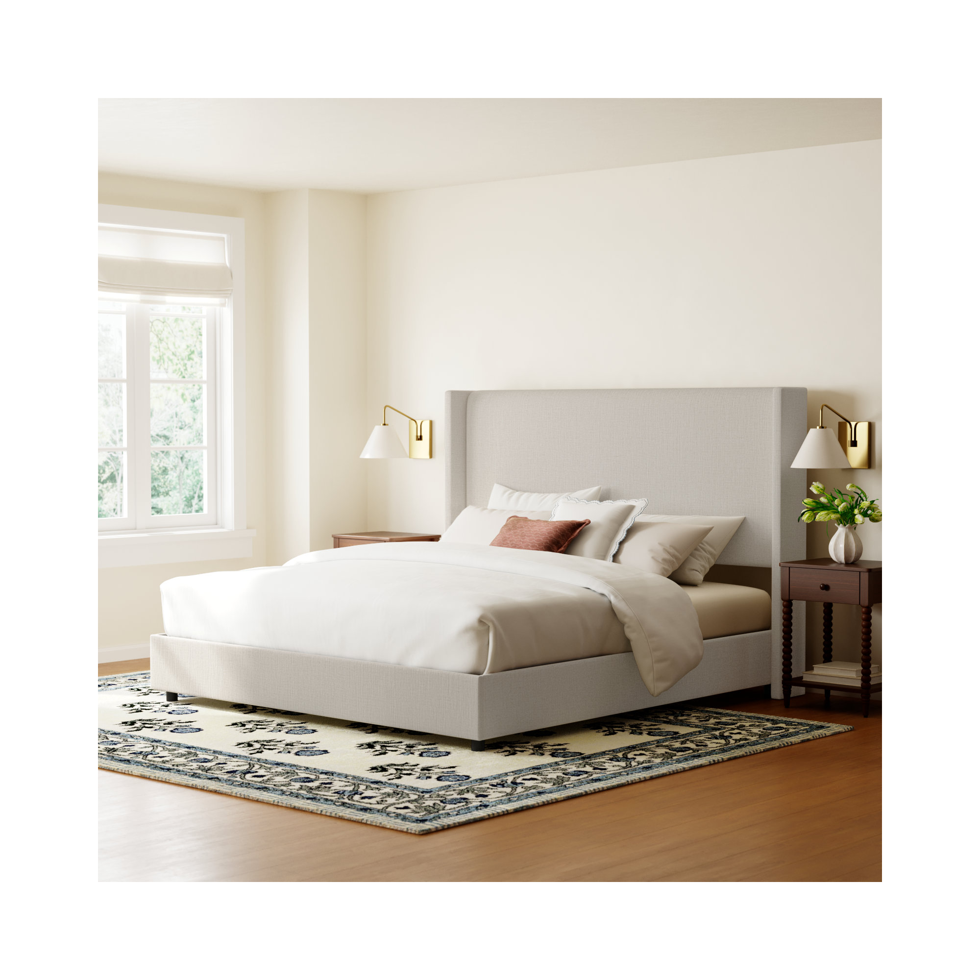 Hanson Upholstered Wingback Bed, King, Classic Talc Linen