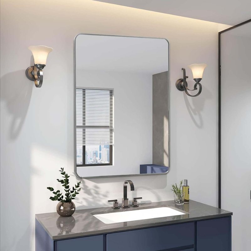 Metal Rectangle Barhroom Mirror, Silver