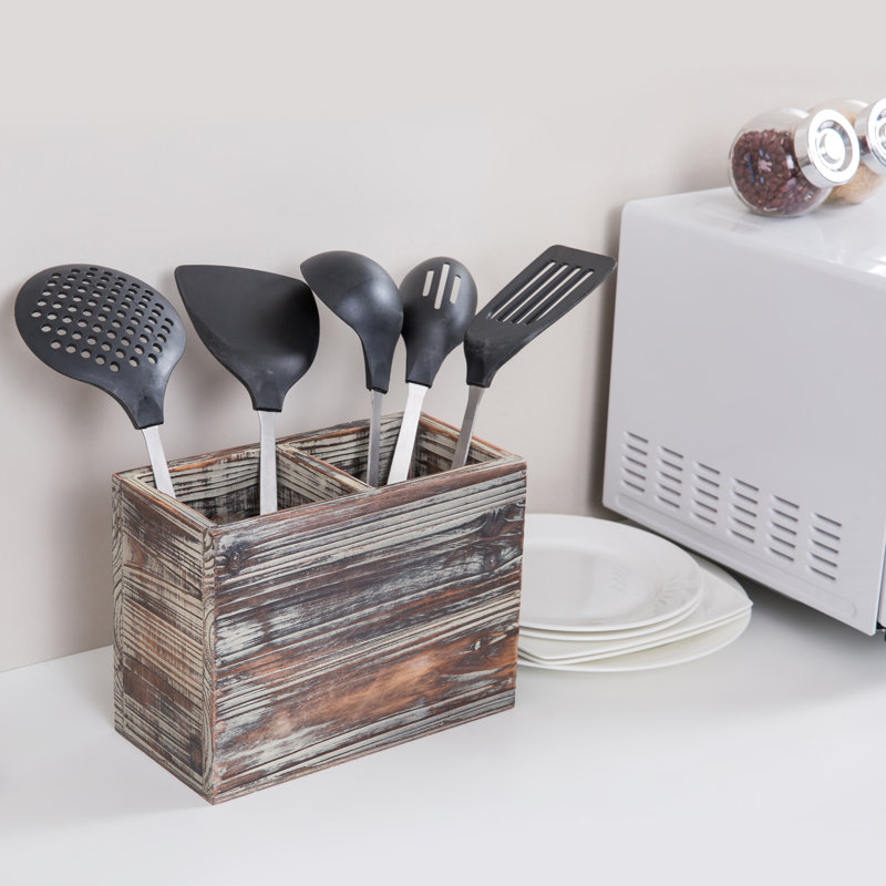 Wood Rectangle Utensil Crock, Rustic Brown