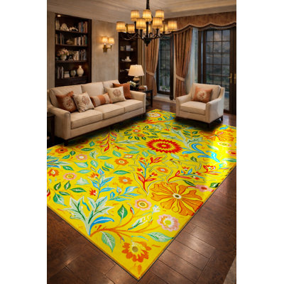 Tapis vert tissé à motif floral lavable Mosso