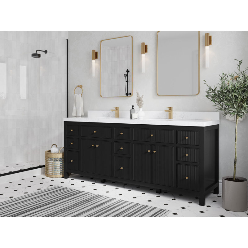 84'' Double Bathroom Vanity with Quartz Top, Calacatta Laza, Black