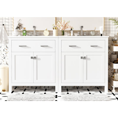 Ensemble de meuble-lavabo moderne 60 po avec double meuble-lavabo en céramique avec tiroir, porte et armoire de rangement