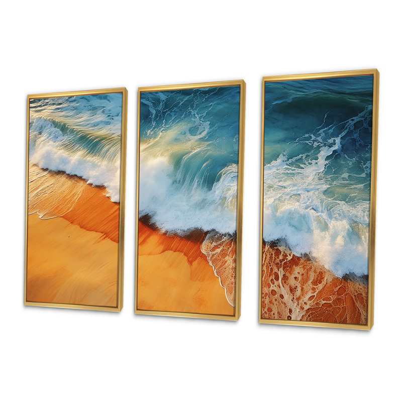 Bleu et orange, vue aérienne rétro de plage II - art mural plage, Cadre flottant doré, H 28 po x l 36 po x P 1 po