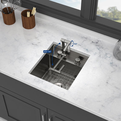 15" Undermount Bar Sink With Folding Faucet - 15 X 17 X 9 Inch Single Bowl 16 Gauge Stainless Steel Gunmetal Black Kitchen Sinks