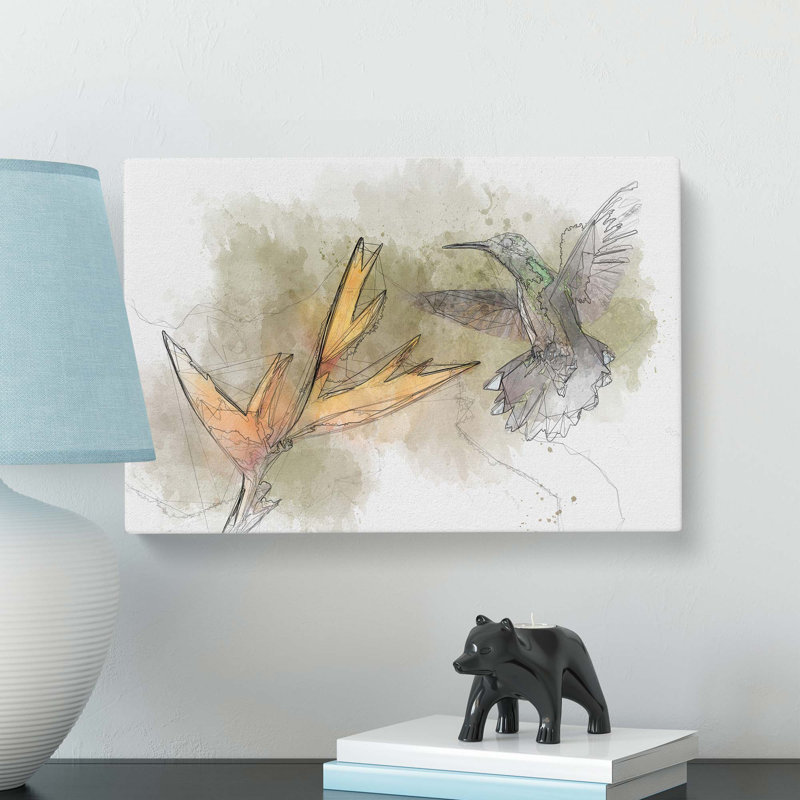 Hummingbird by a Flower in Abstract - Wrapped Canvas Drawing - Wrapped Canvas, 60cm H x 91cm W x 3cm D