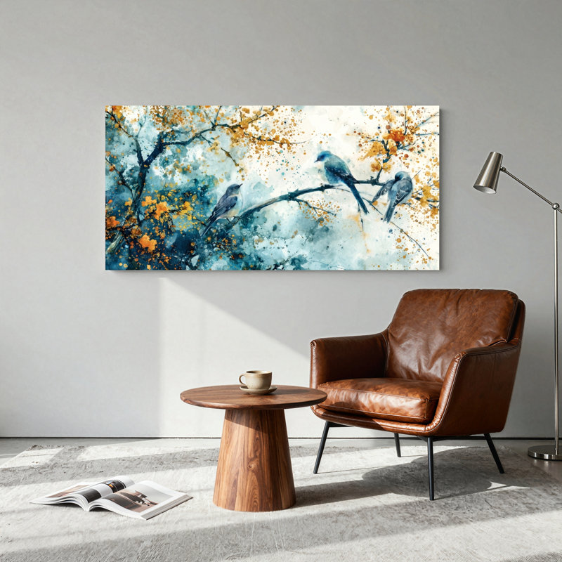 Ensemble de 1 tableau sur toile représentant des oiseaux et des branches, L 40 po x H 20 po, Toile tendue