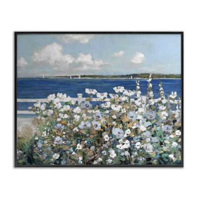 Beautiful White Flower Bush Seaside Fence Ocean View  Oversized Wall Plaque Art by Sally Swatland