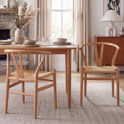 Chaise en bois de hêtre massif avec dossier en Y et assise en corde tissée - Chaise d'appoint de style Mid-Century moderne, 3 finitions
