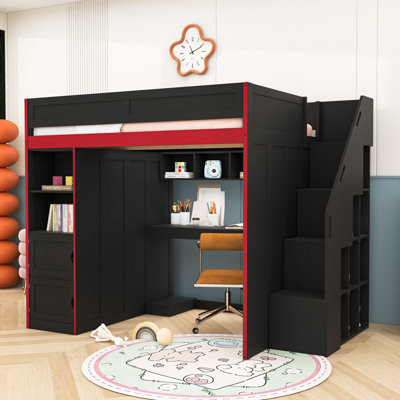 Wood Loft Bed with Desk, Storage Shelves and LED Lights