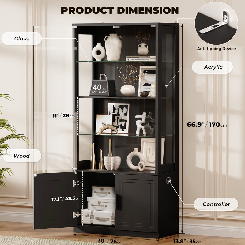 67" Display Cabinet with Glass Doors, 4-Tier Curio Cabinet with 2 Removable Glass Shelves, Black