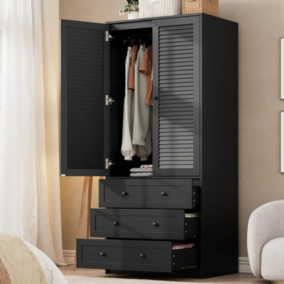 Armoire-penderie en bois de 69,5 po de hauteur - 2 portes à persiennes, 3 tiroirs et tringle, grande armoire de rangement pour vêtements pour chambre à coucher - noir