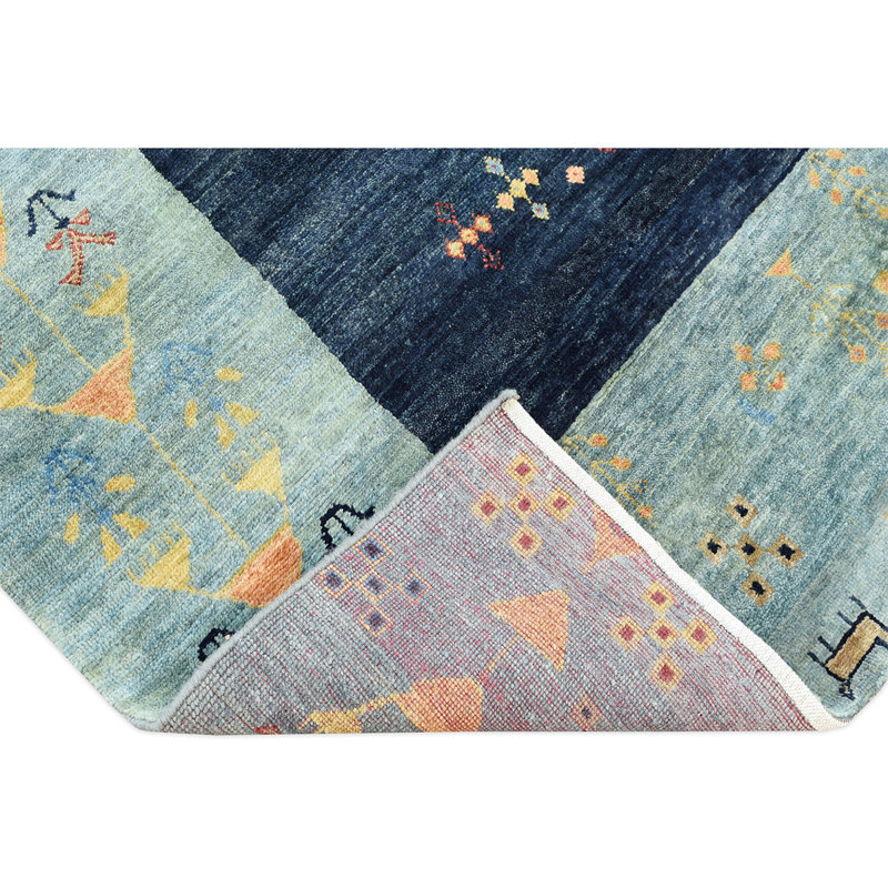 Hand Knotted Wool Gingham Area Rug in Green, Rectangle 9' x 12'