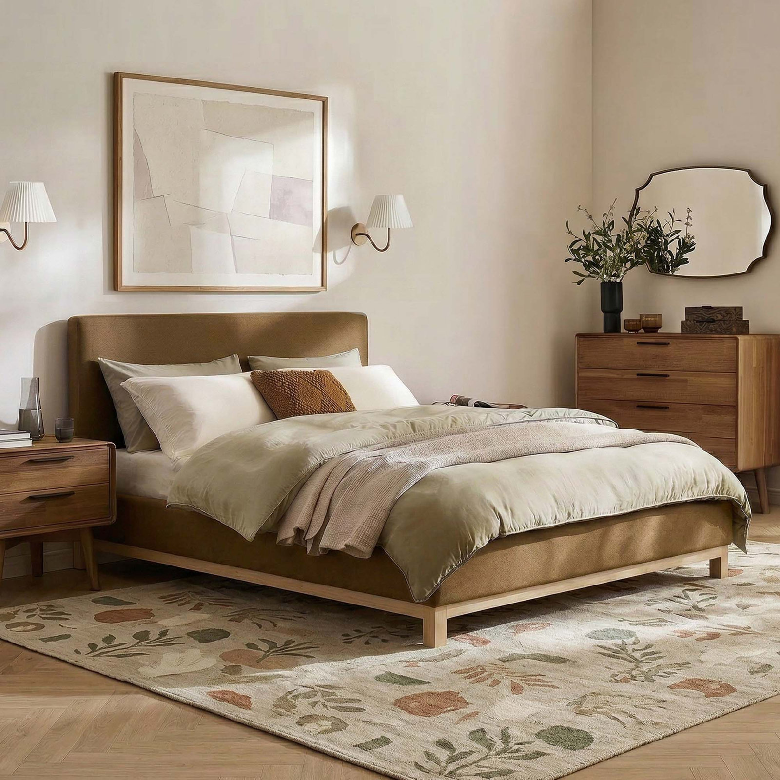 Velvet Upholstered Platform Bed, Vesper Tabbcco