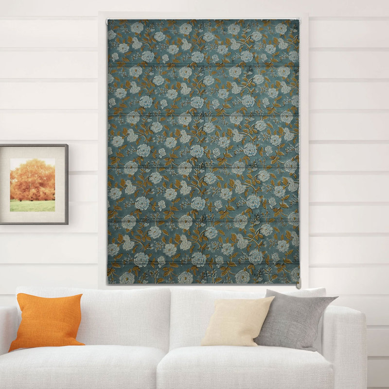 Fabdivine Blue, Handmade 100% Blackout Soft and Cozy Pure Linen Roman Shade with Floral Block Print for Window Corded Blinds, Home Décor French Doors, Window Treatment, Rameshwaram