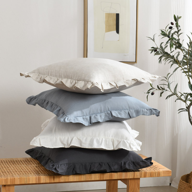 Linen Pleated Ruffled Romantic Fringes Pillow Covers, 18"H x 18"W, Blue