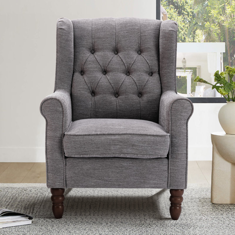 Petit fauteuil d'appoint à oreilles capitonné avec accoudoirs roulés et coussin rembourré épais, Performance grise