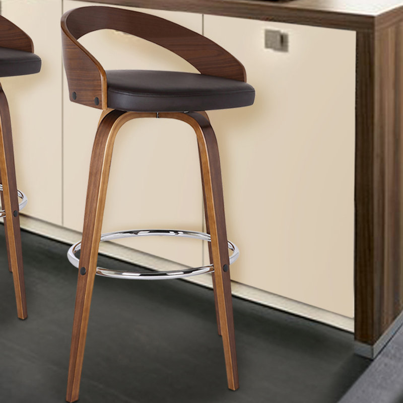 Maxime Swivel Upholstered Counter Stool with Solid Wood Frame, 63.5cm, Black/Walnut