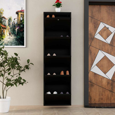 Modern Metal Shoe Cabinet, Wall-Mountable, 19.7 x 66.5 x 5.9 Inches | 100% Durable Metal Construction, 0.7 mm Thickness | Centrally Opening Doors with Magnetic Holders, Sleek Black Finish, Perfect for Entryways