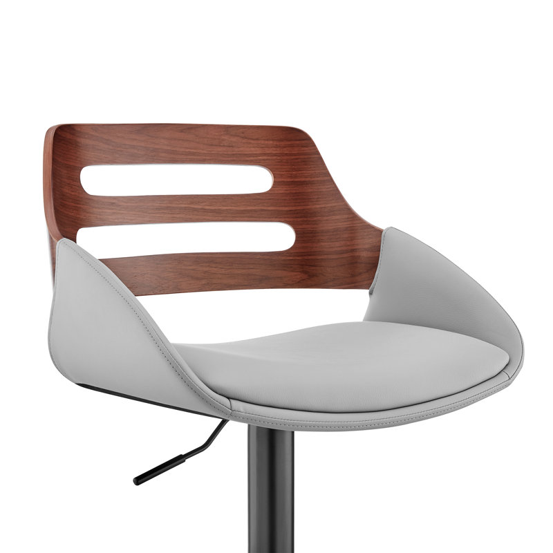 Swivel Adjustable Height Bar Stool with Pedestal Metal Base in Faux Leather and Wood, Black/Walnut, Gray