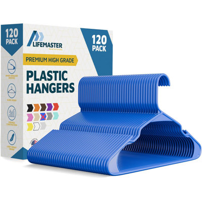 Paquet de 120 cintres en plastique bleu - Robuste, peu encombrant avec rainures antidérapantes, peut supporter 5 lb, idéal pour les manteaux et les robes