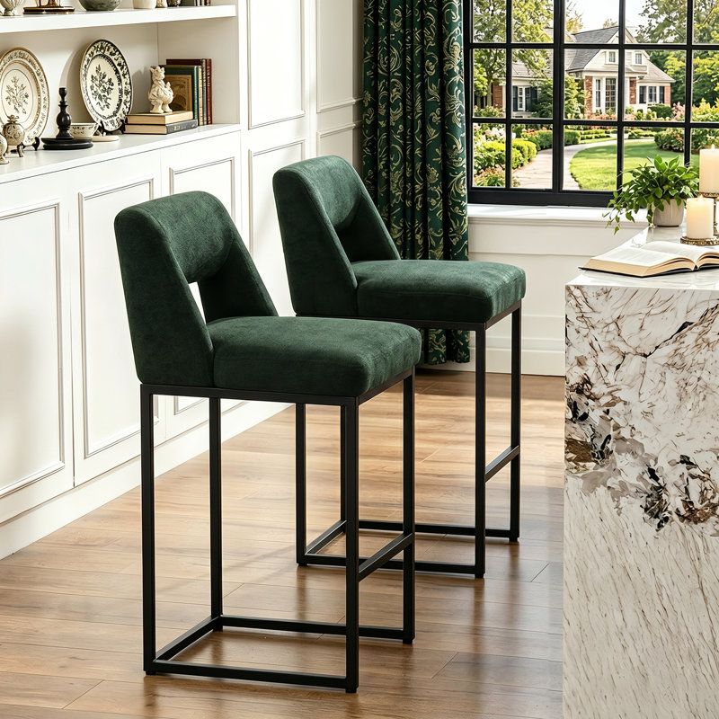 26" Upholstered Counter Barstool With Low Back And Metal Frame Modern Kitchen Island Seating, Green Seat/ Black Frame