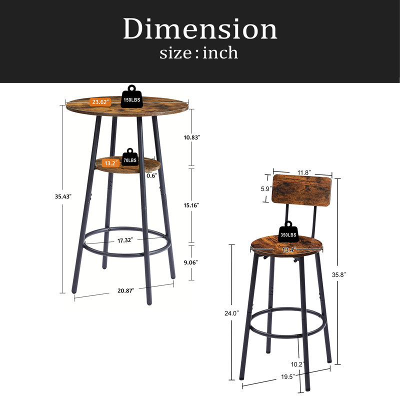 Round bar stool set with shelves, stool with backrest, Brown, Rustic Brown