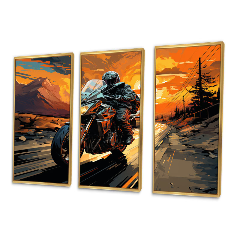 Expressionniste à moto - ensemble d'art mural sur toile, Cadre flottant doré, H 40 po x l 60 po x P 1 po