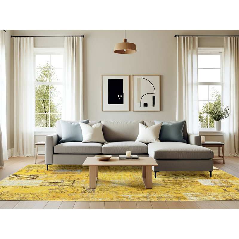 Tapis contemporain jaune, Rectangle 6 pi x 9 pi