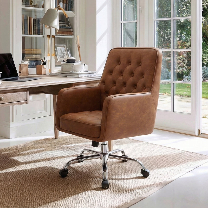 Button Tufted Faux Leather Office Task Chair with Padding, Brown