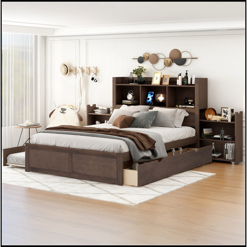 Lit plateforme pleine grandeur avec tablettes coulissantes, lit gigogne simple et 2 tiroirs, espresso