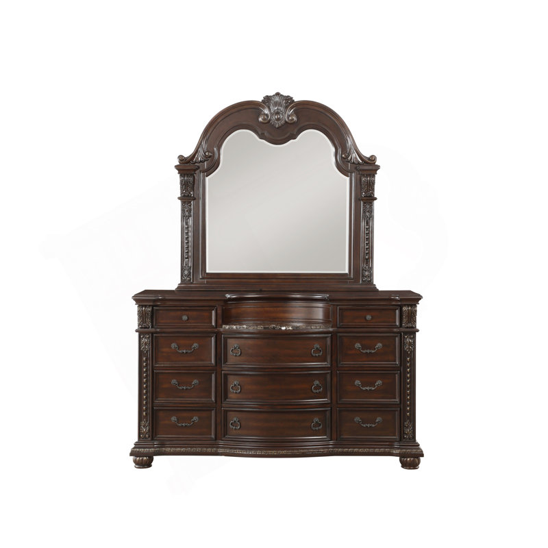 Commode de luxe formelle avec miroir, incrustations en marbre, finition cerisier foncé, détails dorés, mobilier de chambre traditionnel
