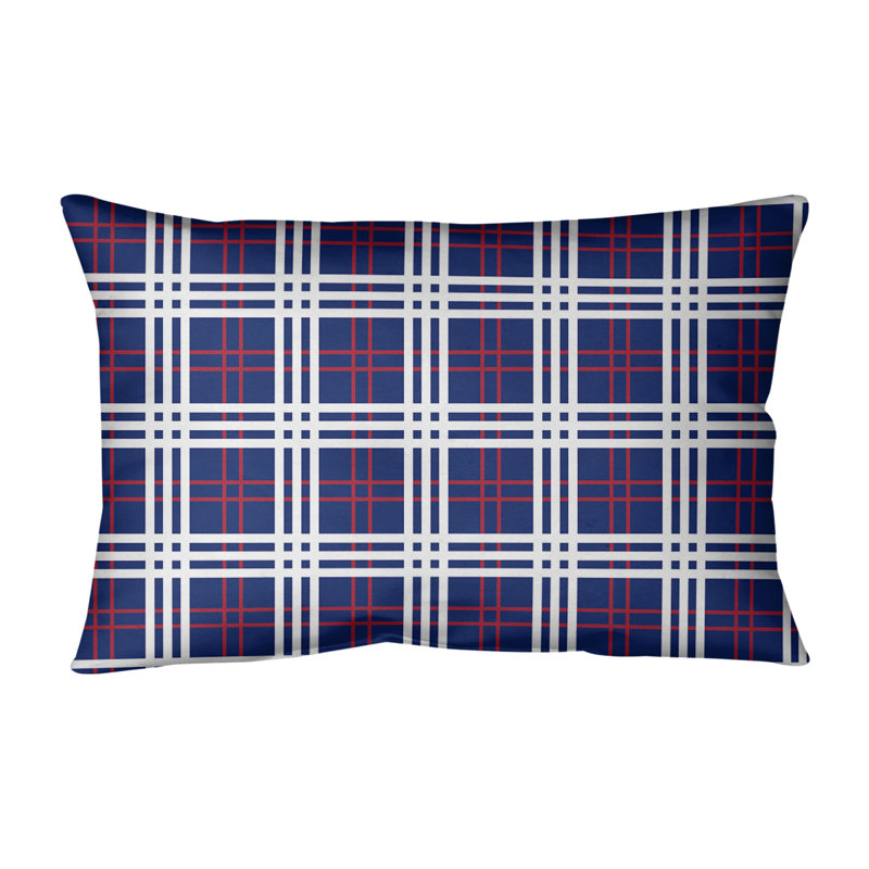 Plaid Leather/Suede Reversible Throw Pillow, Dark Blue/Red/White, Poly Twill