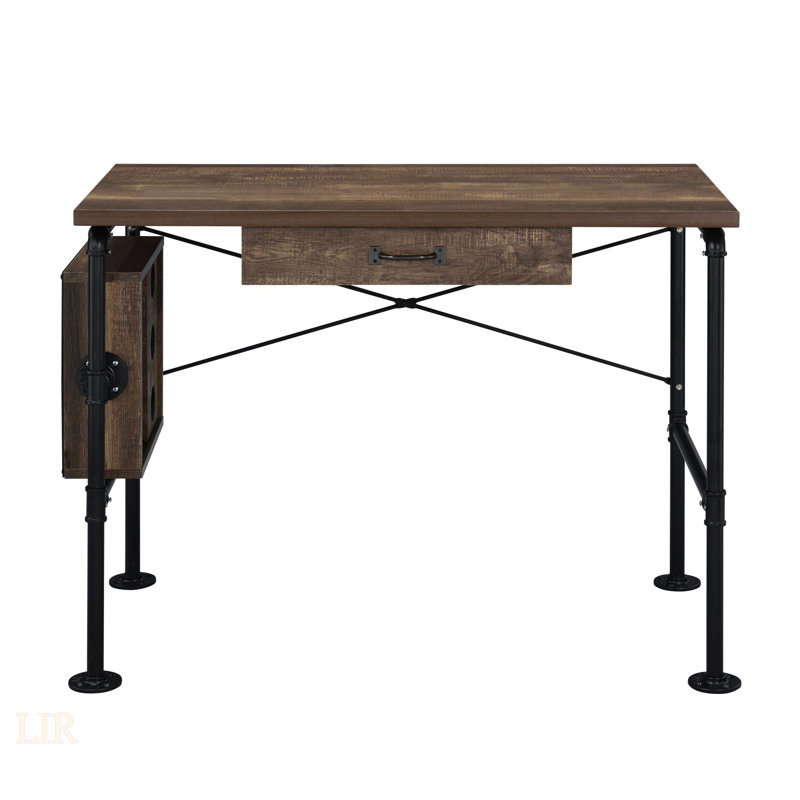 Bureau avec rangement Endang en chêne vieilli et finition noire avec rangement, parfait pour le bureau à domicile et les petits espaces