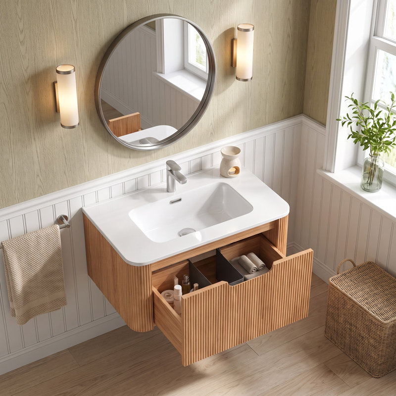 Ensemble de meuble-lavabo simple flottant 30 po avec tiroir en céramique blanc à finition en bois naturel