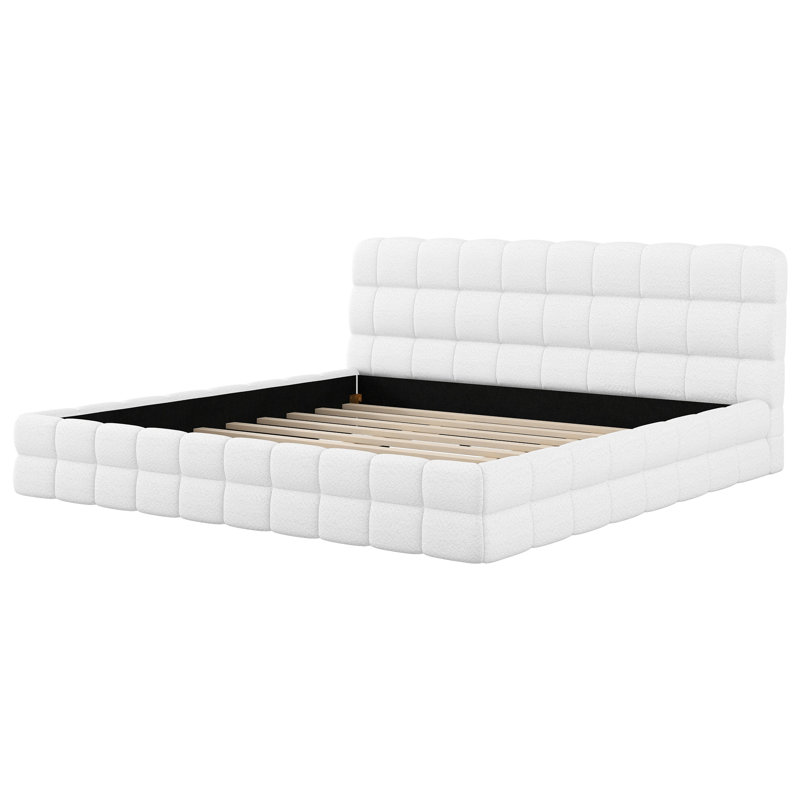 Lit plateforme tapissier très grand avec design moderne, tête de lit confortable, style minimaliste - blanc, Blanc