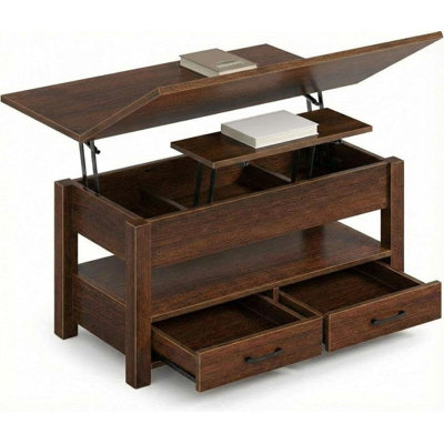 Table basse convertible à plateau relevable - mécanisme à gaz fendu de 40 po, table centrale en bois avec 2 tiroirs de rangement et compartiment caché