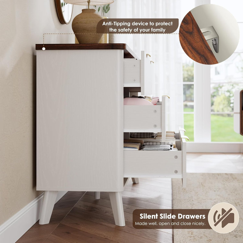 White Fluted 6-Drawer Dresser, 47.2" Wide Curved Wood Chest for Bedroom, White